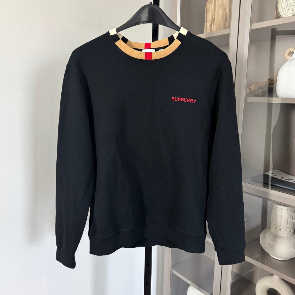 Burberry Black Sweatshirt with Beige Check Collar and Red Logo